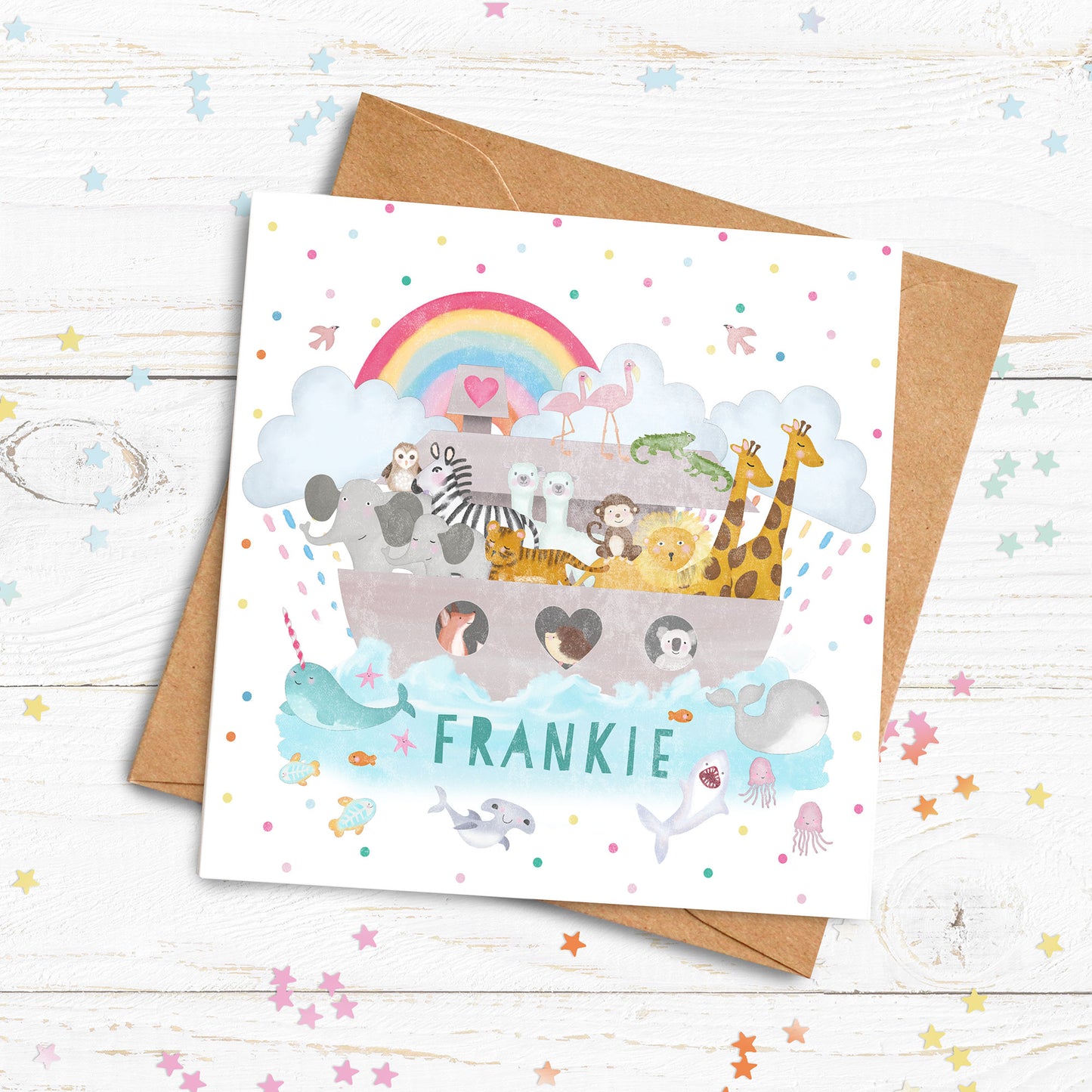 Personalised Noah's Ark card. New Baby Card. 1st Birthday, Christening, Communion Card. Send Direct Option.