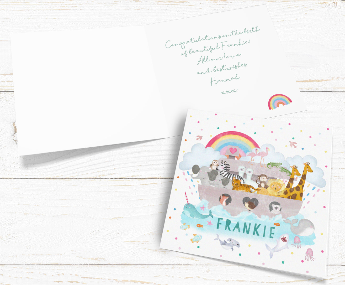 Personalised Noah's Ark card. New Baby Card. 1st Birthday, Christening, Communion Card. Send Direct Option.