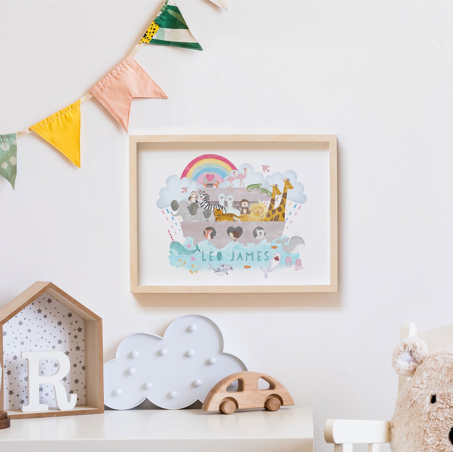 Noah's Ark Print. Nursery Childs Bedroom. New Baby Gift. Personalised Name Print. Child's Birthday Present. Naming Day Wall Art