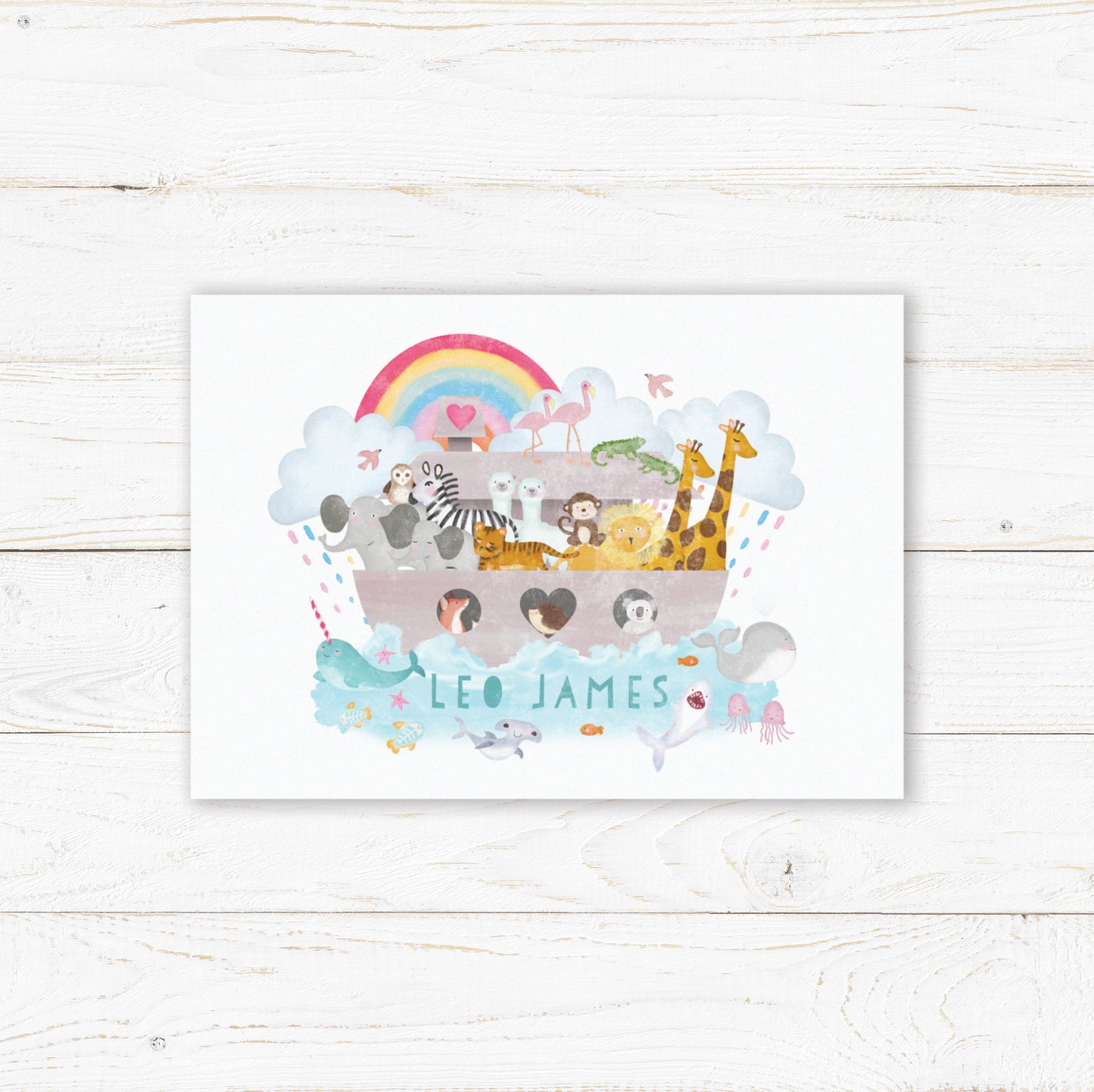 Noah's Ark Print. Nursery Childs Bedroom. New Baby Gift. Personalised Name Print. Child's Birthday Present. Naming Day Wall Art