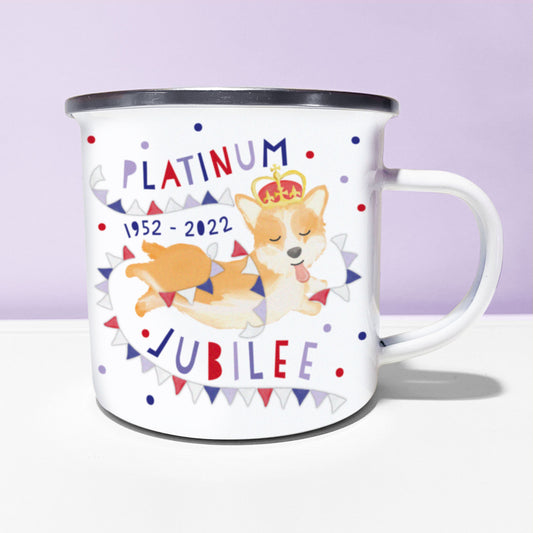 Platinum Jubilee Corgi Enamel Mug. Cute Jubilee Mug. Queen's Jubilee Mug.