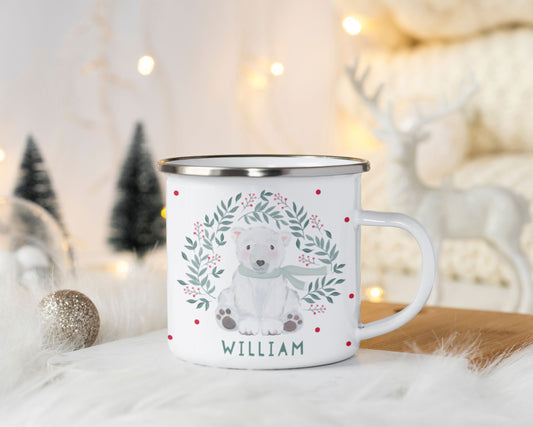 Polar Bear Christmas Enamel Mug. Cute Christmas Eve Personalised Mug. Hot Chocolate Mug.