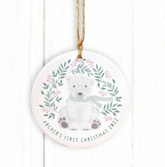 My First Christmas Polar Bear Ceramic Decoration. Christmas Bauble. Personalised Christmas Ceramic ornament