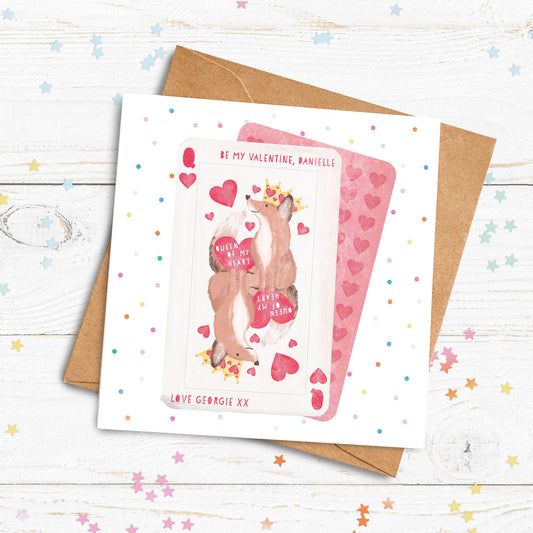Queen of My Heart Fox Personalised Card. Cute Valentine's Card. Playing card design card. Send Direct Option.