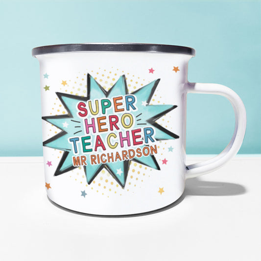 Super Hero Teacher Personalised Enamel Mug | Thank you teacher gift | Teacher Mug | Personalised Teacher Gift