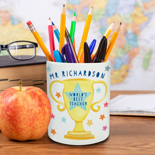 World's Best Teacher Trophy Personalised Pencil Pot | Thank you teacher gift | Teacher Desk Organiser Gift | Personalised Teacher Gift