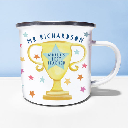 World's Best Teacher Trophy Personalised Enamel Mug | Thank you teacher gift | Teacher Mug | Personalised Teacher Gift