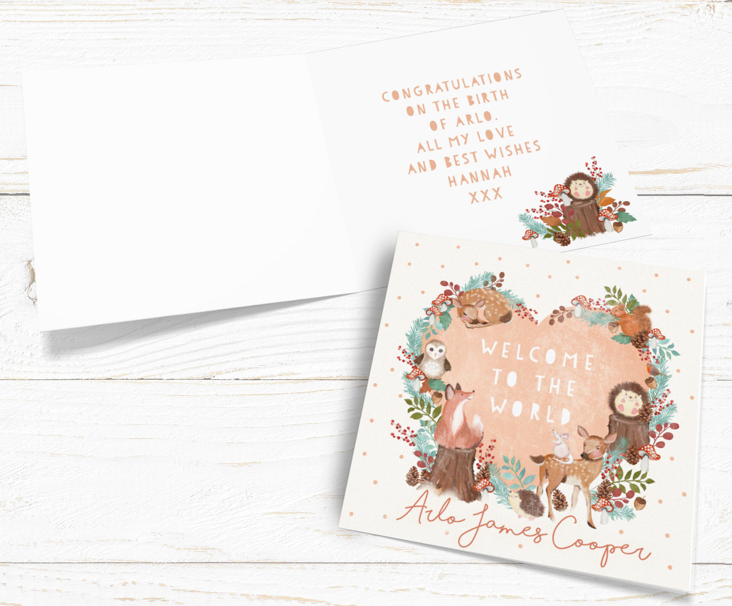 Personalised Welcome to the World Woodland Heart Card. New Baby Card. Cute Woodland Card. Send Direct Option.