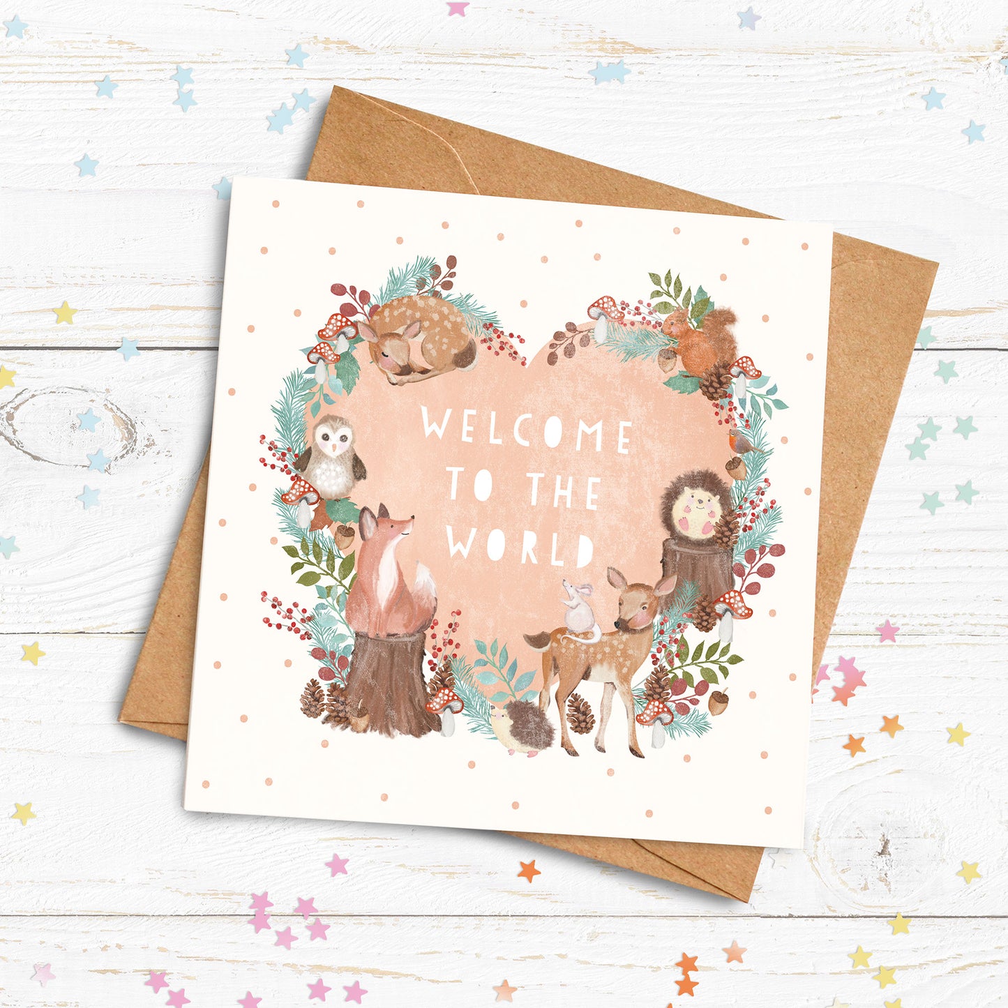 Personalised Welcome to the World Woodland Heart Card. New Baby Card. Cute Woodland Card. Send Direct Option.